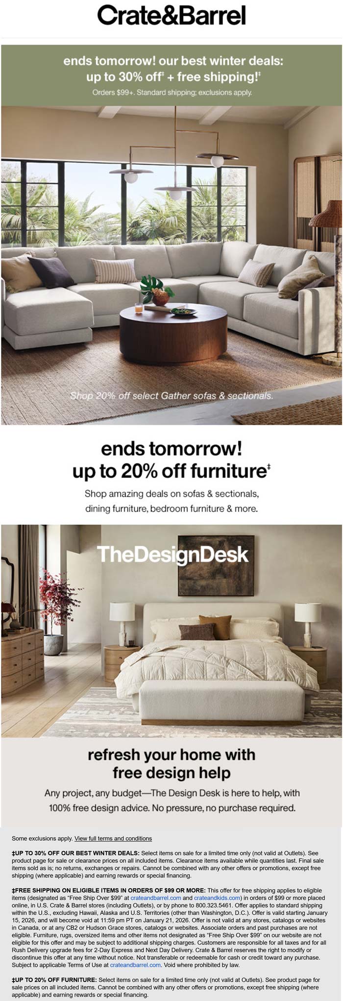 Crate & Barrel coupon: 20-30% off furniture at Crate & Barrel