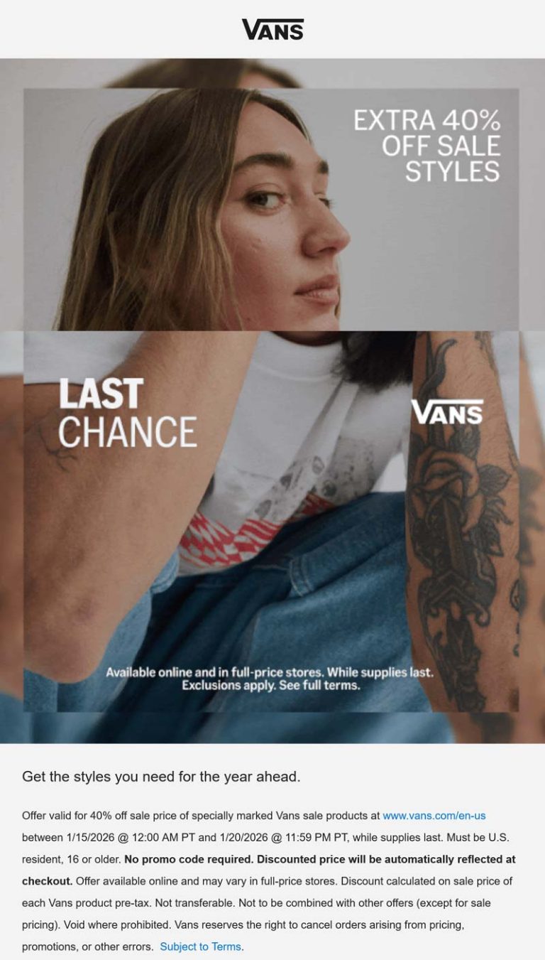 Extra 40% off sale styles at Vans, ditto online