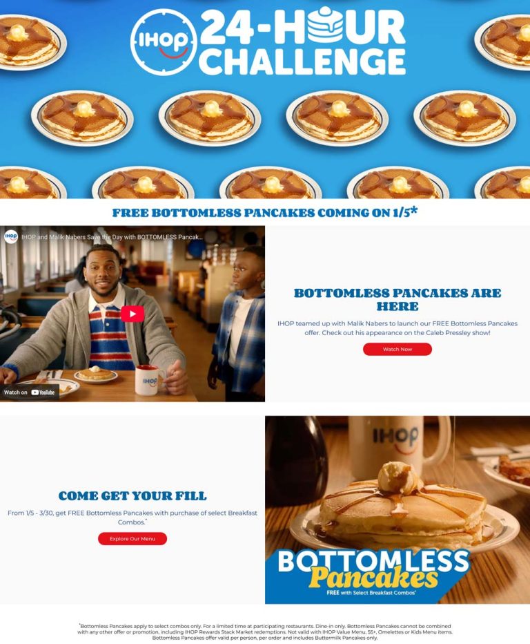 Free bottomless pancakes with your breakfast combo at IHOP