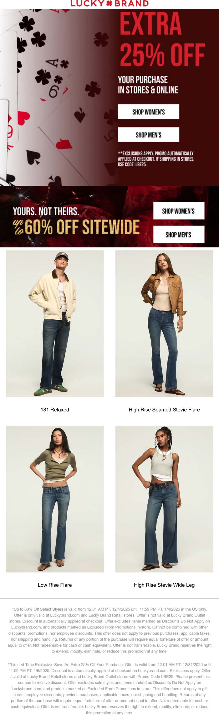 Extra 25% off at Lucky Brand, or online via promo code LBE25