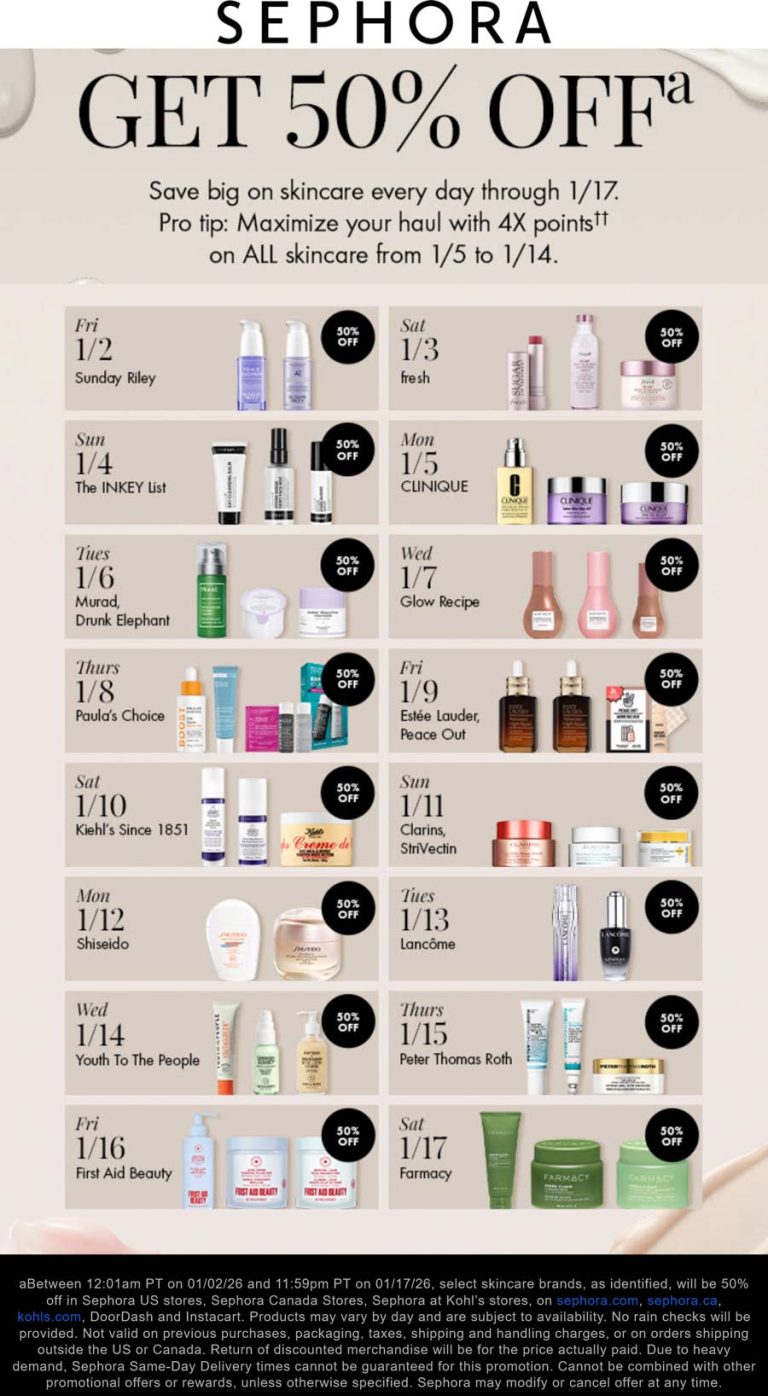 50% off various skincare daily at Sephora