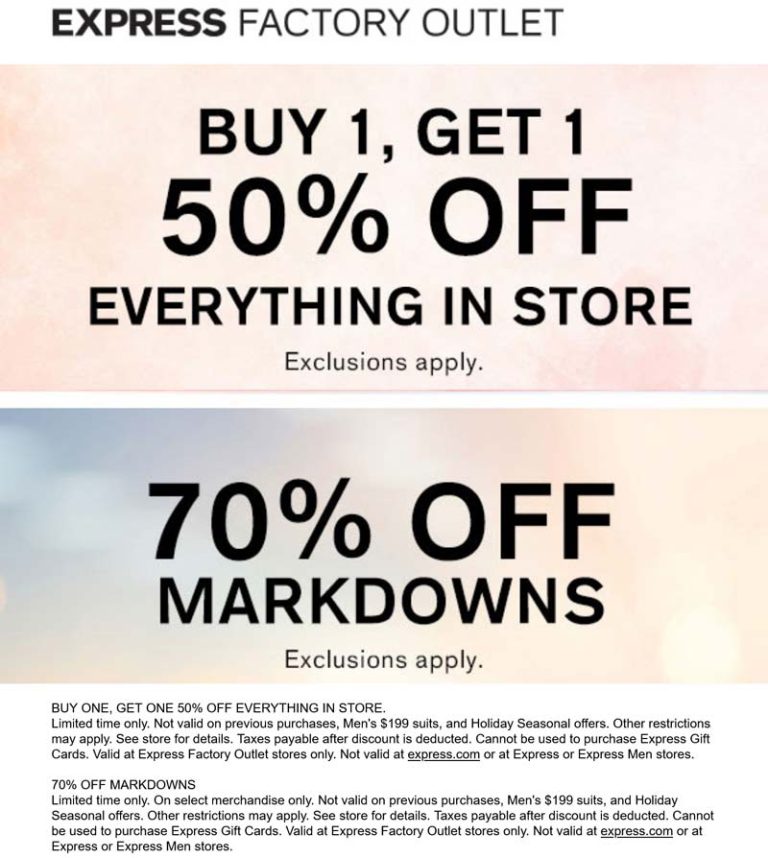 Second item 50% off + extra 70% off sale items at Express Factory Outlet