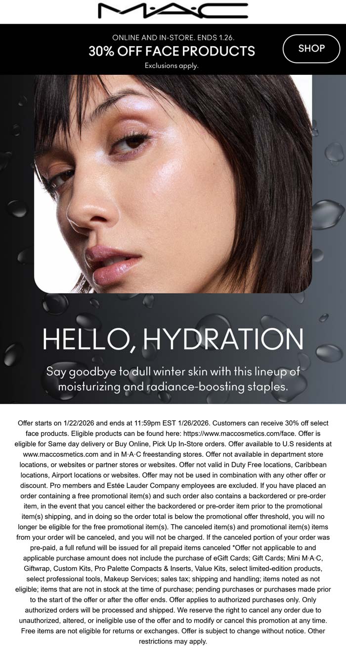 30% off face products at MAC cosmetics, ditto online
