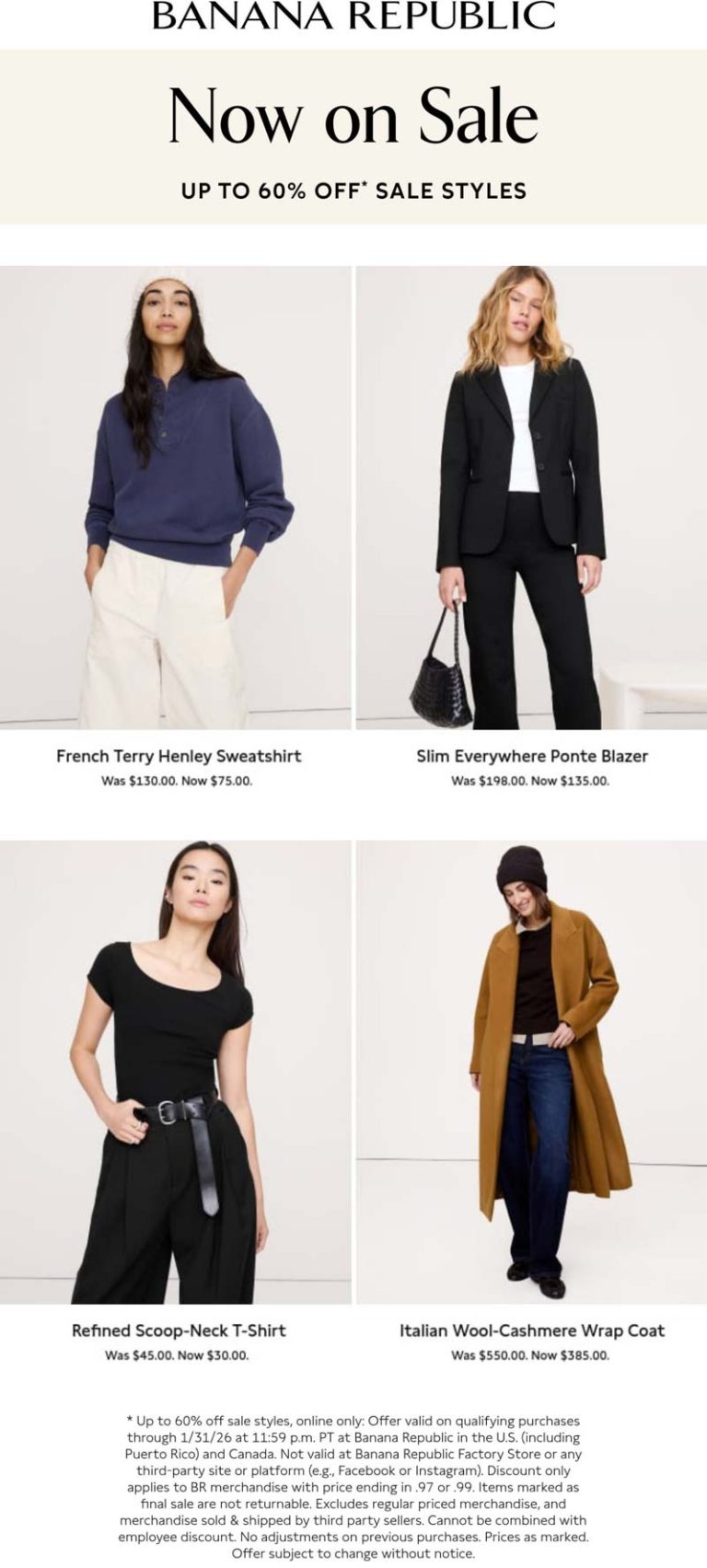 60% off sale styles at Banana Republic, ditto online