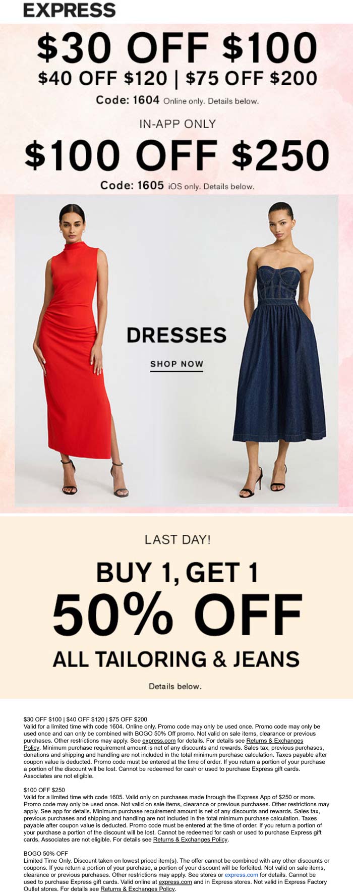$30-$75 off $100+ & more today at Express via promo code 1604