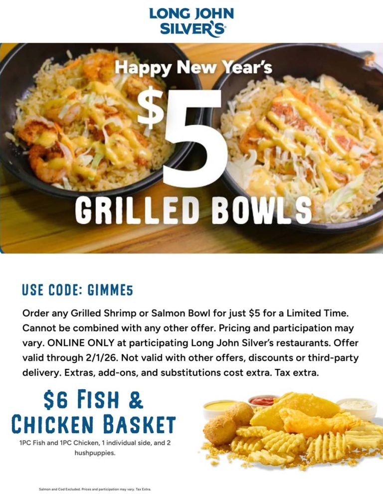 $5 grilled bowls online at Long John Silvers restaurants via promo code GIMME5