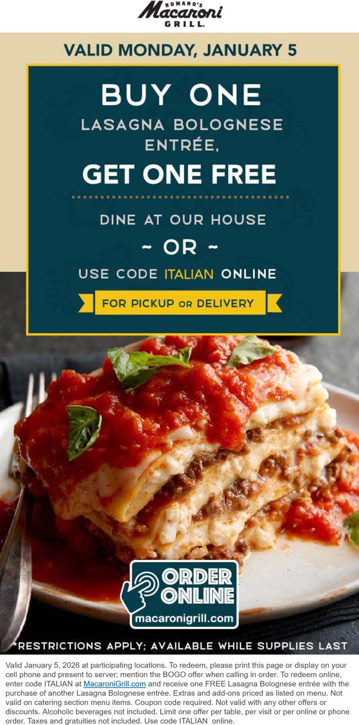 Second lasagna entree free today at Macaroni Grill, or online via promo code ITALIAN