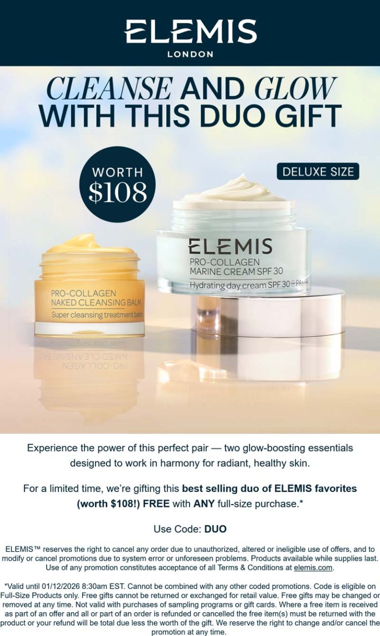 Free $108 duo with any full size at Elemis via promo code DUO