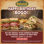 Second sandwich or wrap free Weds at Potbelly via promo code BOGO #potbelly