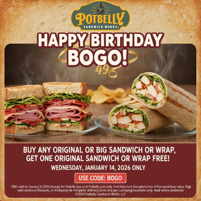 Second sandwich or wrap free Weds at Potbelly via promo code BOGO