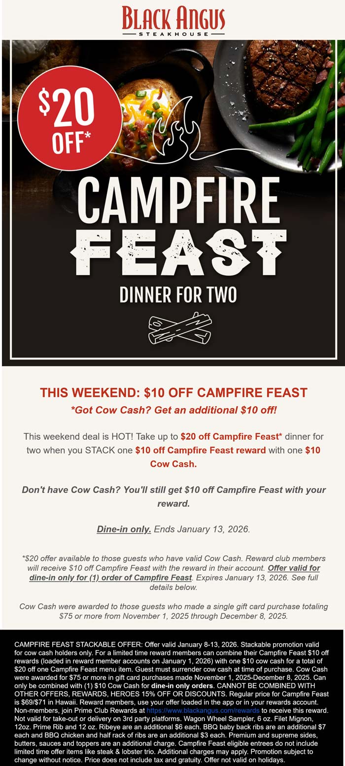 $20 off campfire feast for 2 at Black Angus steakhouse