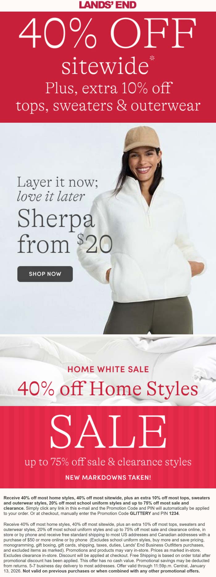 40-50% off everything at Lands End via promo code GLITTERY and pin 1234