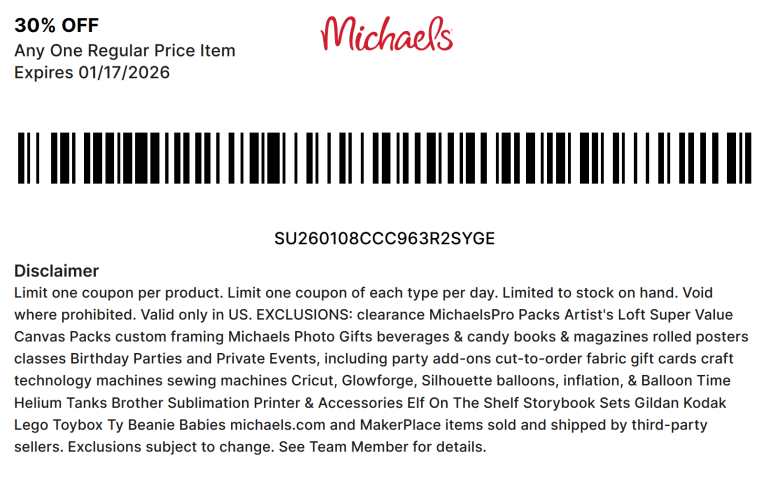30% off a single item at Michaels, or 25% everything online via promo code JAN25OFF