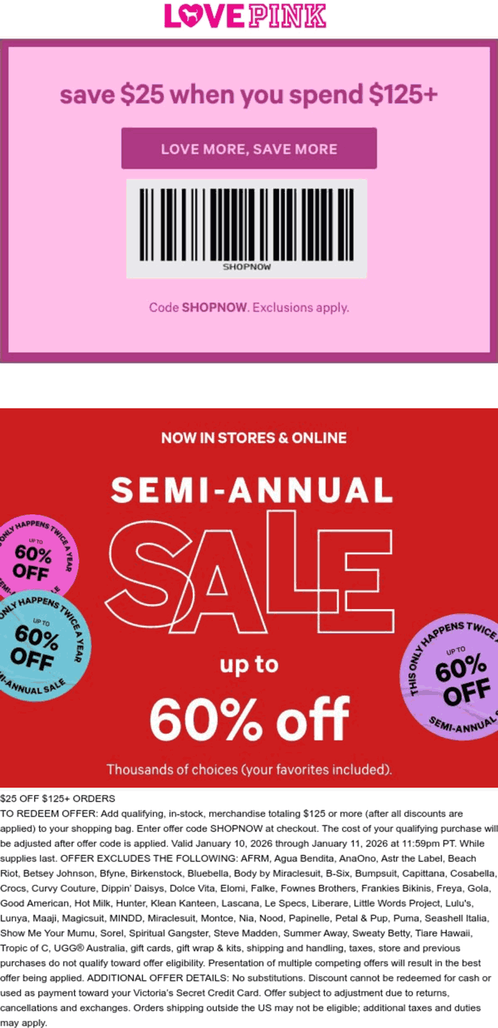$25 off $125 at PINK, or online via promo code SHOPNOW