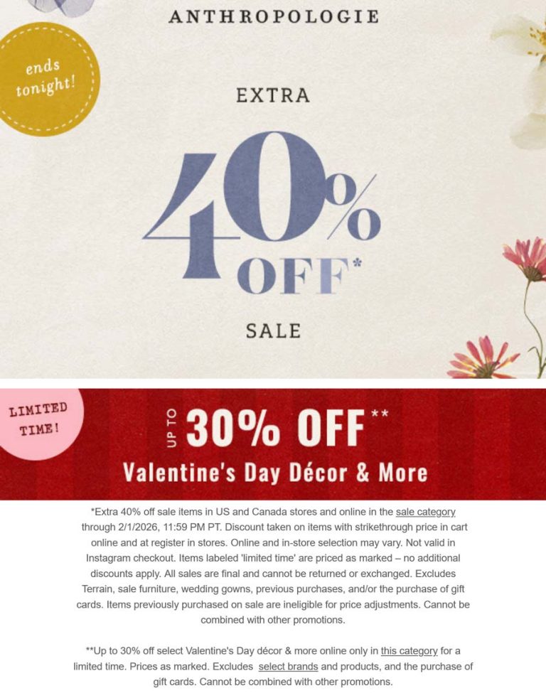 Extra 40% off sale items & more today at Anthropologie, ditto online