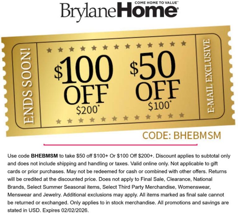 $50-$100 off $100+ at BrylaneHome via promo code BHEBMSM
