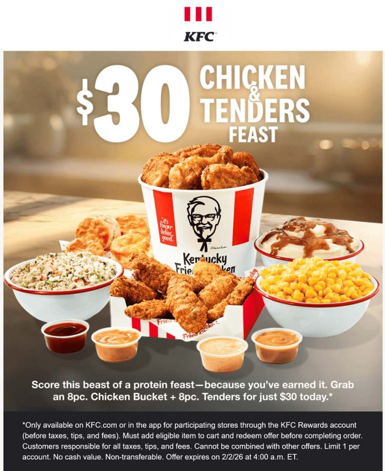 8pc chicken bucket + 8pc tenders + 3 sides + biscuits = $30 today online at KFC