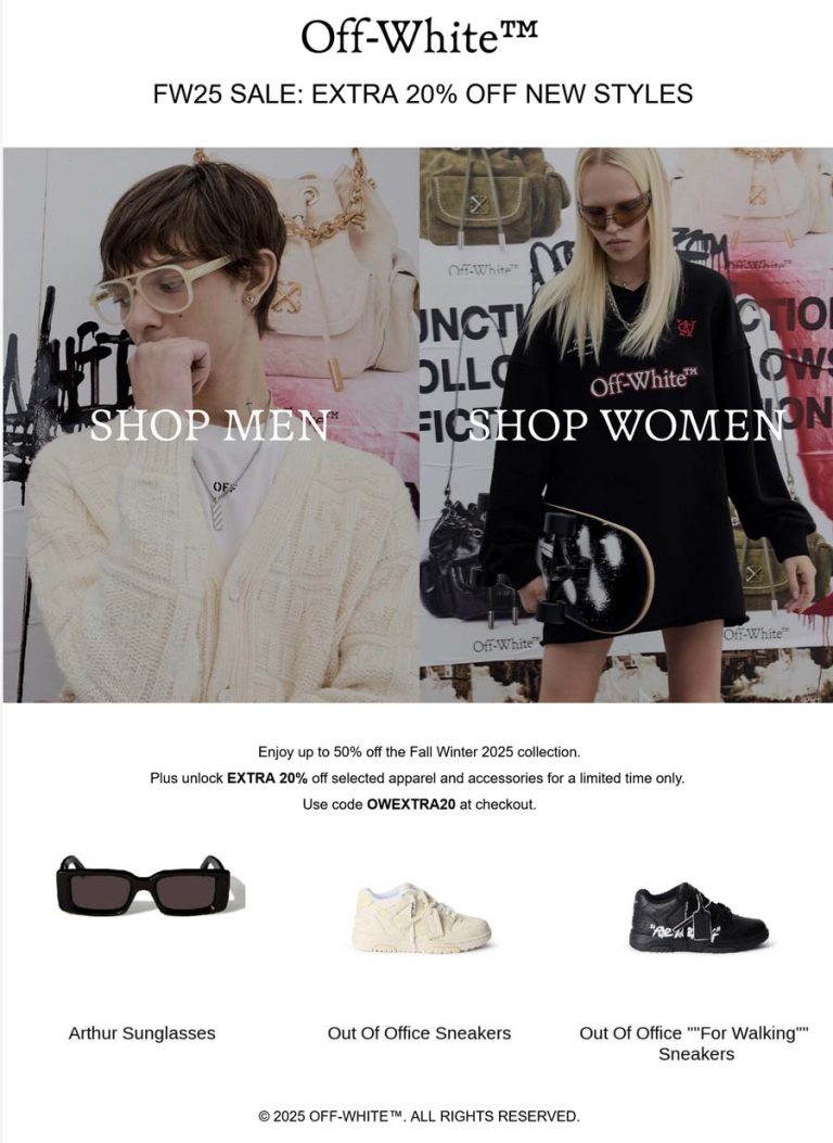Extra 20% off new styles at Off-White via promo code OWEXTRA20