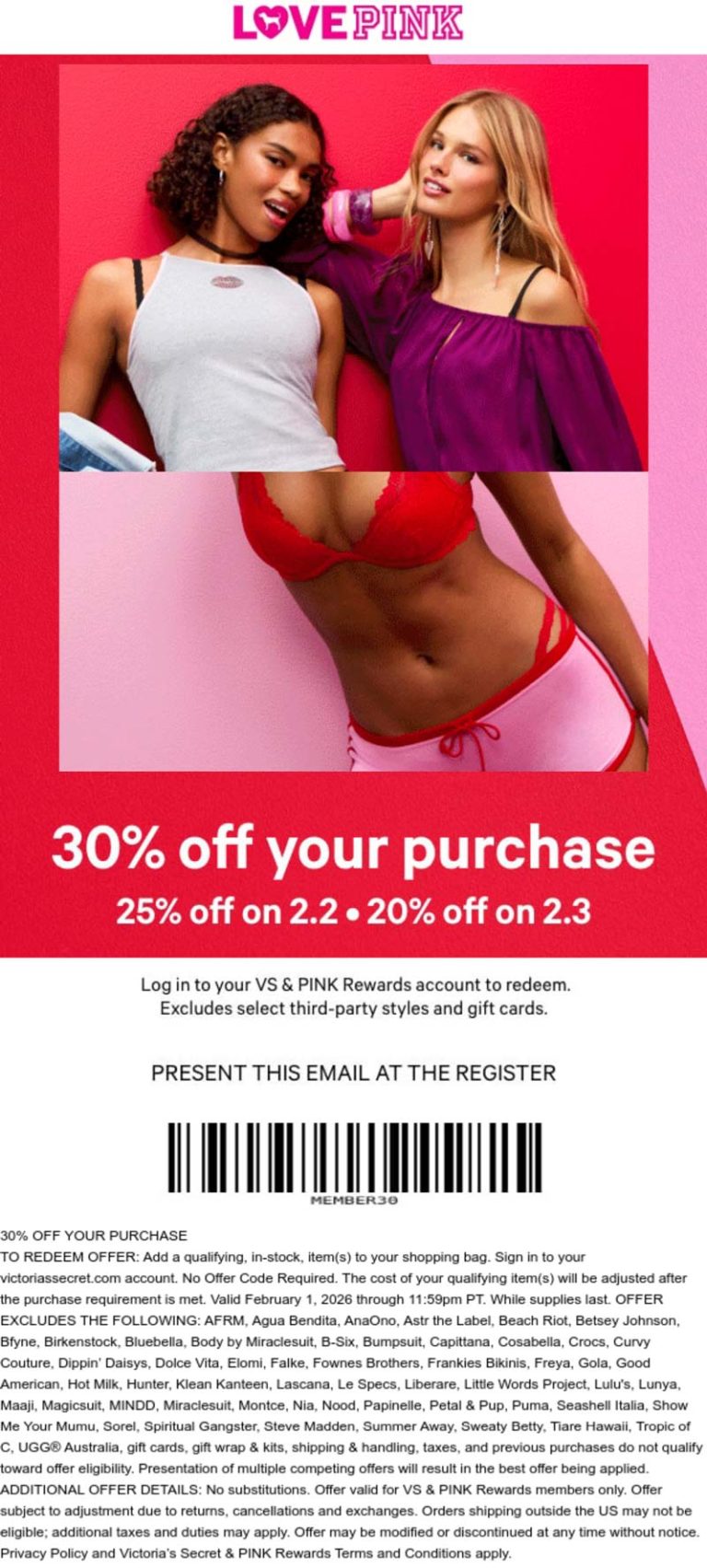 20-30% off at PINK, ditto online