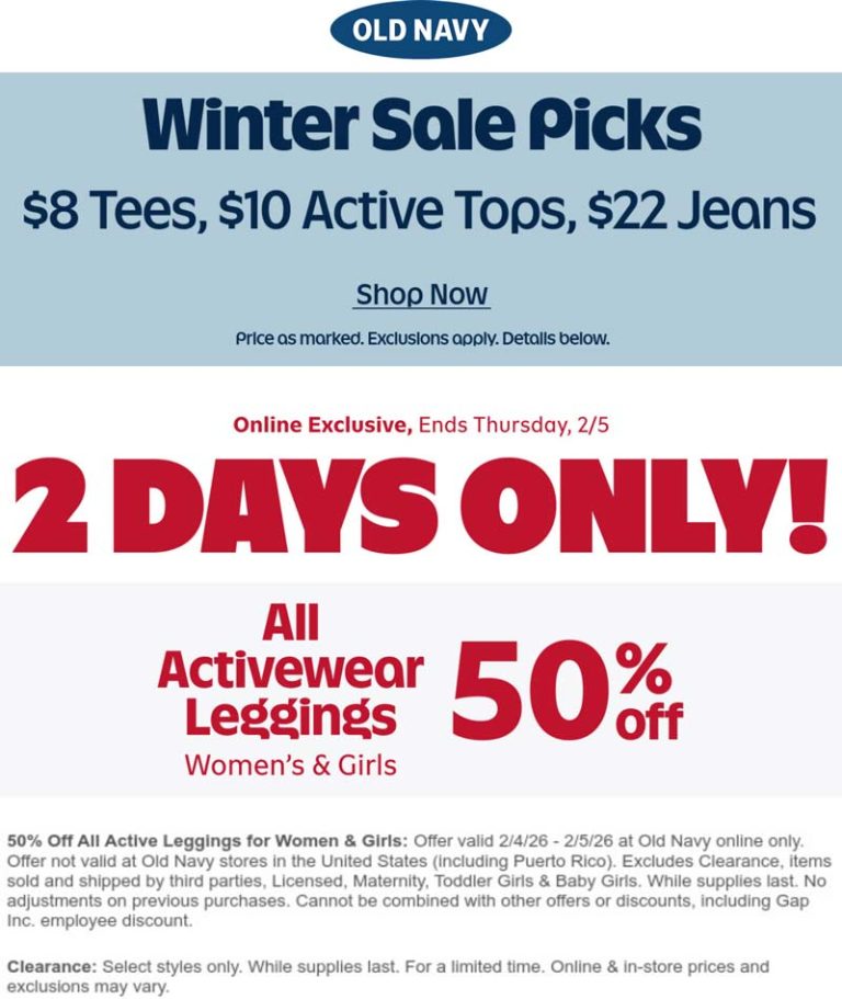 Leggings are 50% off online at Old Navy