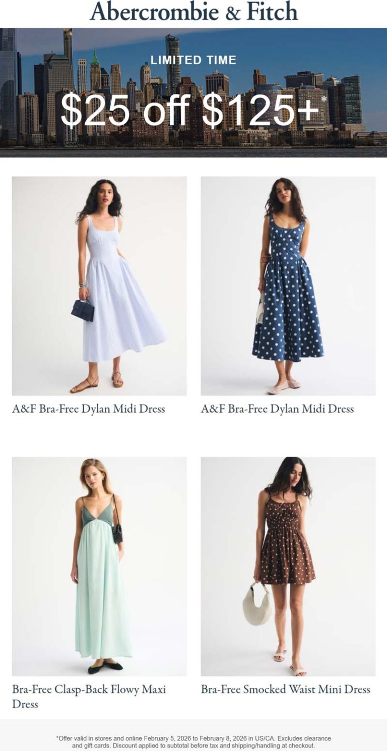 Abercrombie & Fitch coupon: $25 off $125 at Abercrombie & Fitch, ditto online