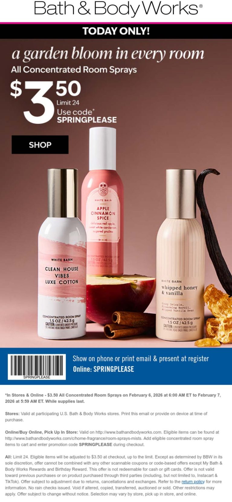 Bath & Body Works coupon: $3.50 room sprays today at Bath & Body Works, or online via promo code SPRINGPLEASE
