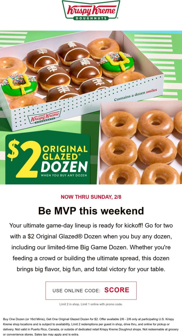 Second dozen glazed doughnuts for $2 at Krispy Kreme via promo code SCORE