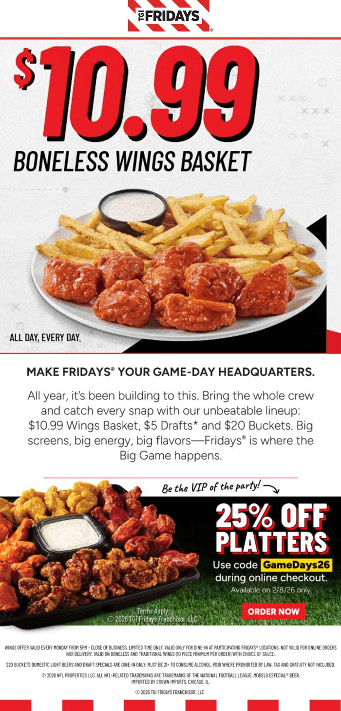 25% off platters & more at TGI Fridays restaurants via promo code GameDays26