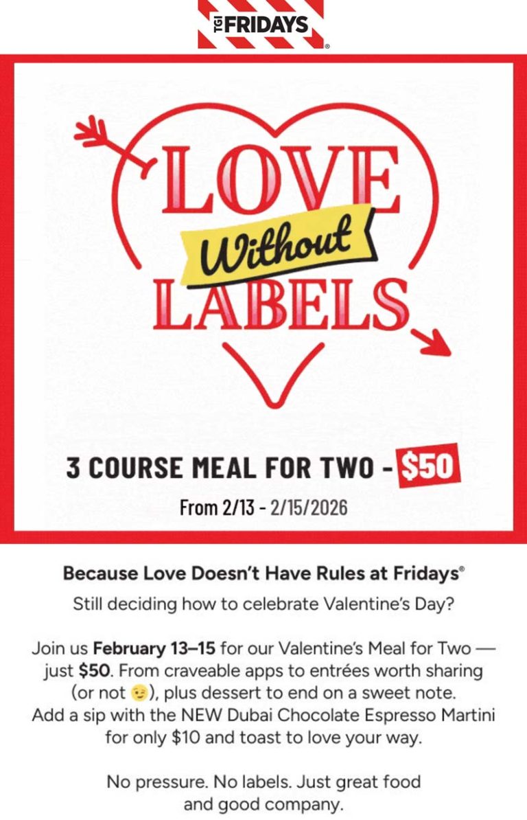 3 course meal for 2 = $50 at TGI Fridays restaurants