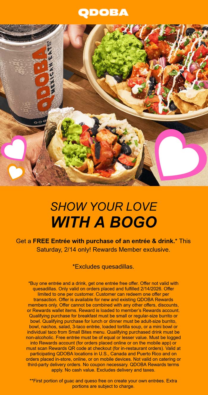 Second entree free Saturday via login at Qdoba