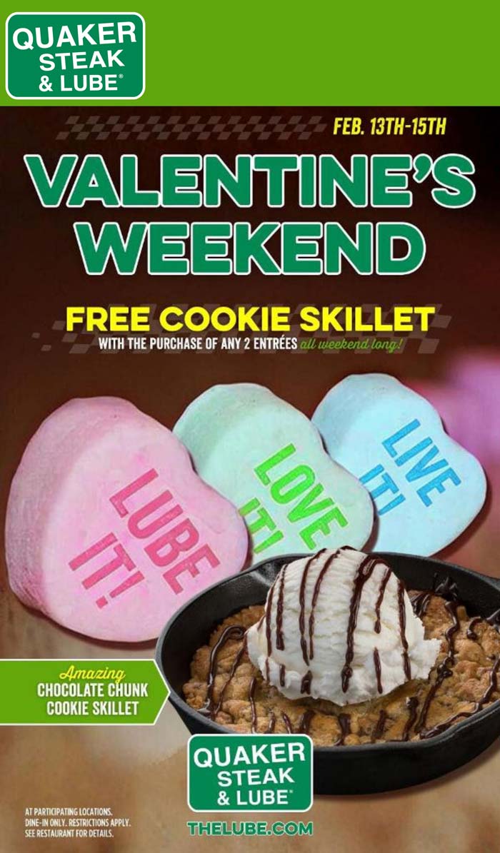 Quaker Steak & Lube coupon: Free cookie skillet with your entrees at Quaker Steak & Lube