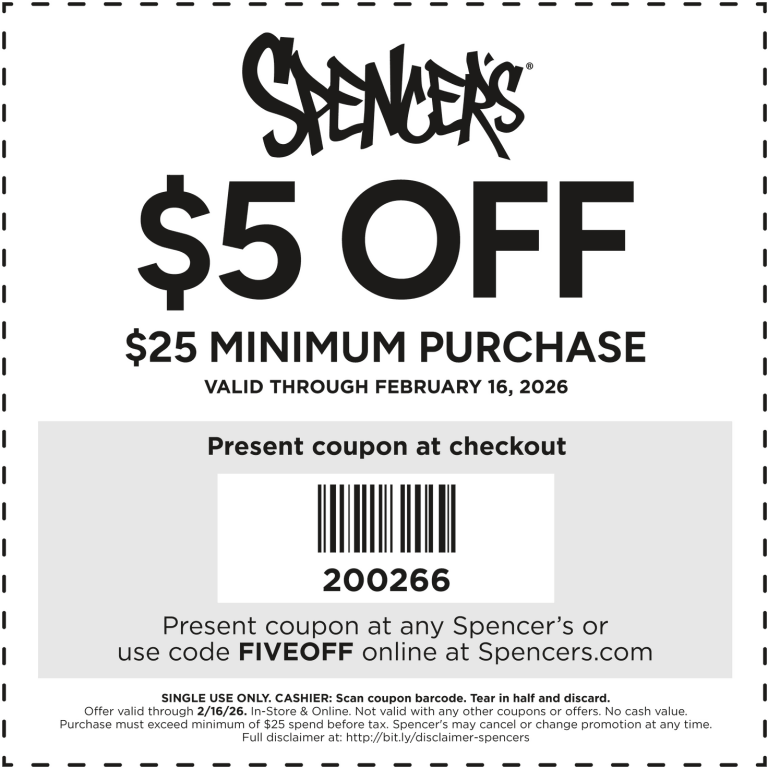 $5 off $25 at Spencers, or online via promo code FIVEOFF