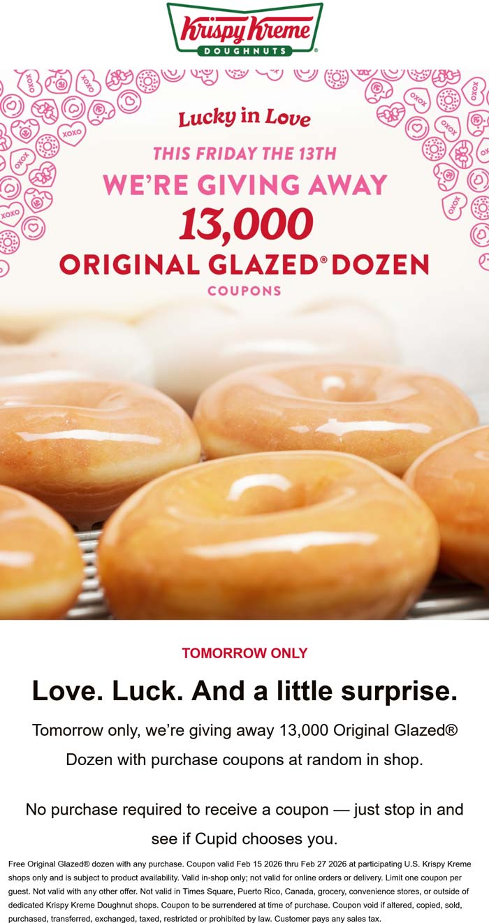 13k random people receive a free dozen today at Krispy Kreme doughnuts