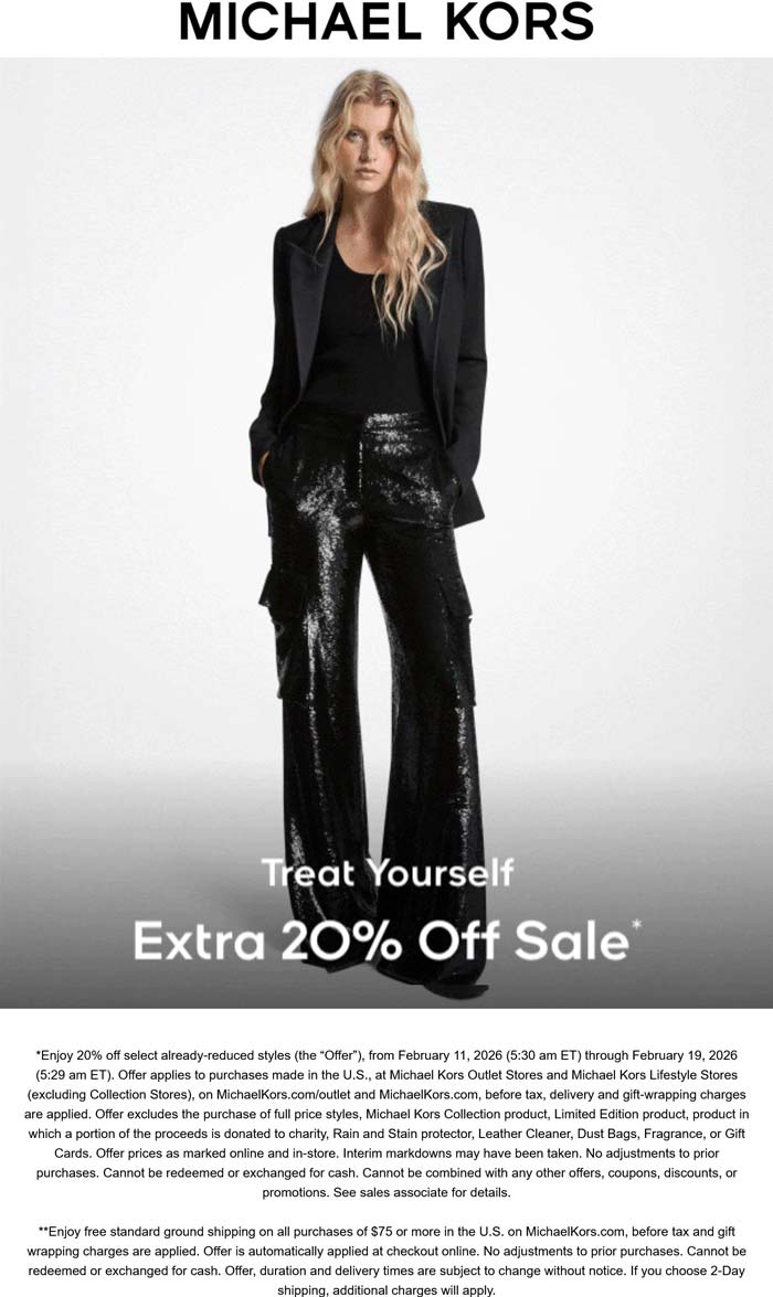 Extra 20% off sale items at Michael Kors, ditto online