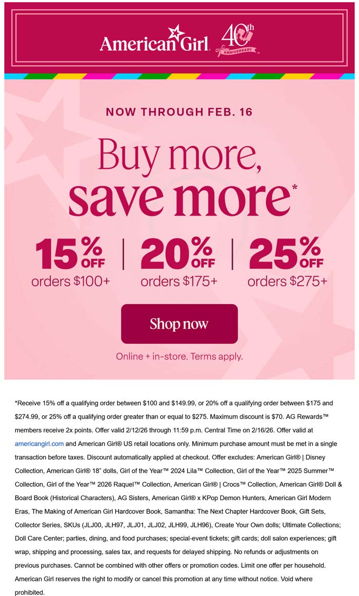15-25% off $100+ at American Girl dolls, ditto online