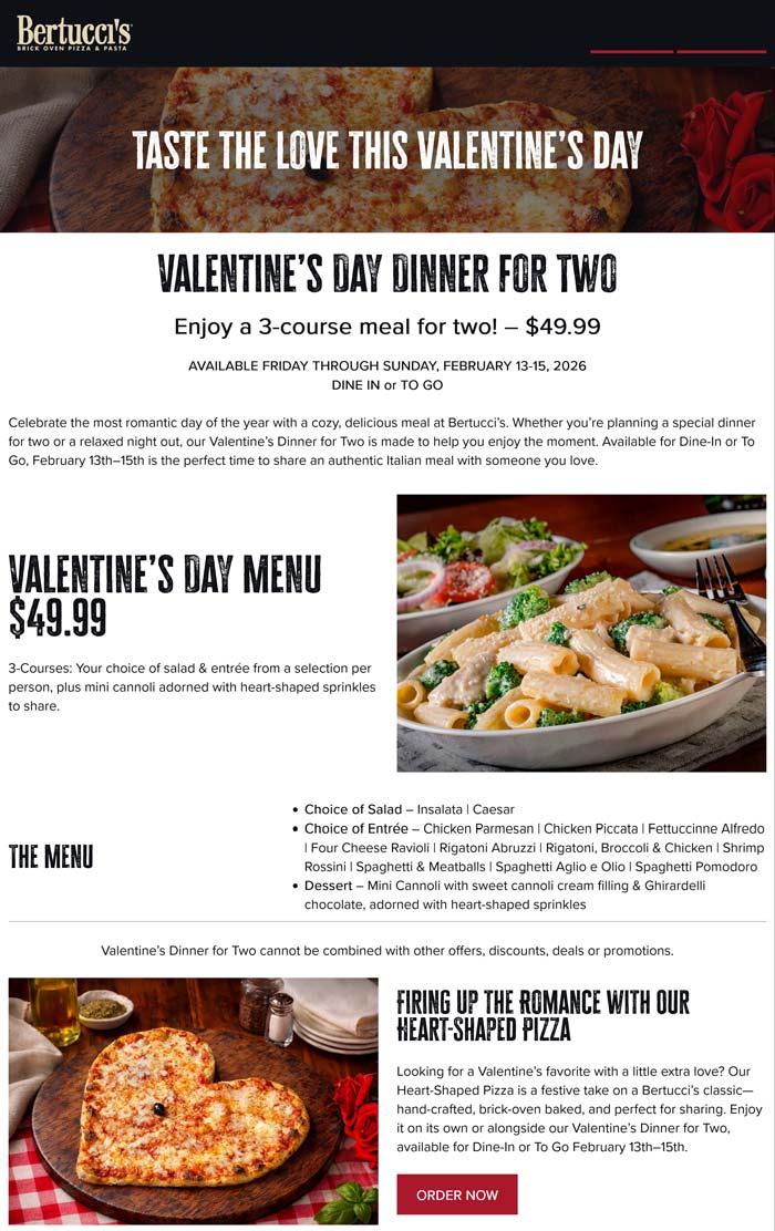 3-course meal for 2 = $50 today at Bertuccis restaurants
