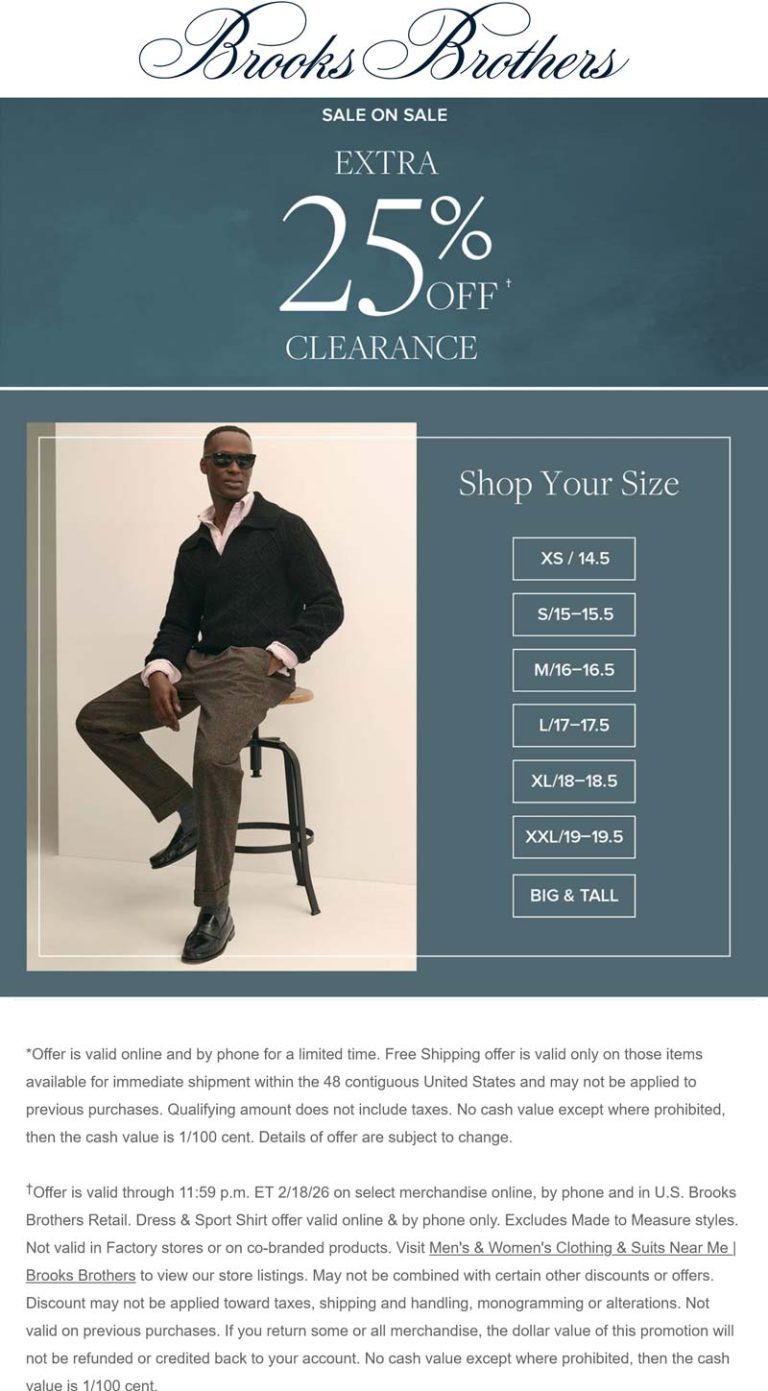 Extra 25% off clearance items at Brooks Brothers, ditto online