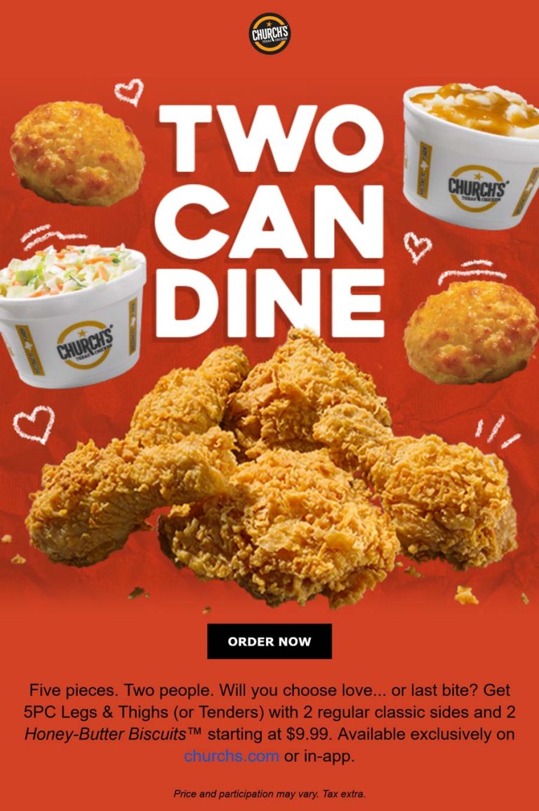 5pc chicken + 2 sides + biscuits = $10 at Churchs Chicken
