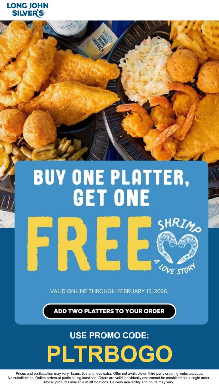 Second platter meal free at Long John Silvers via promo code PLTRBOGO