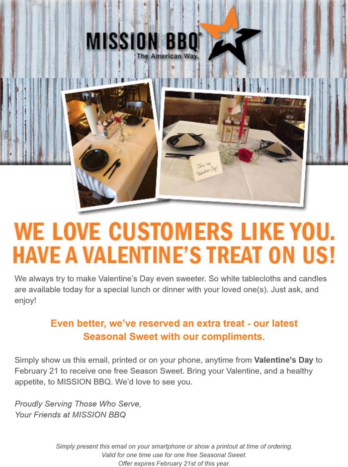 Free sweet at Mission BBQ restaurants