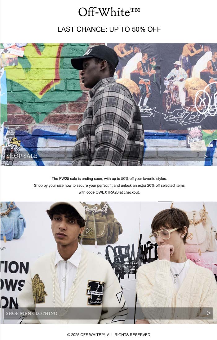 Extra 20% off at Off-White via promo code OWEXTRA20