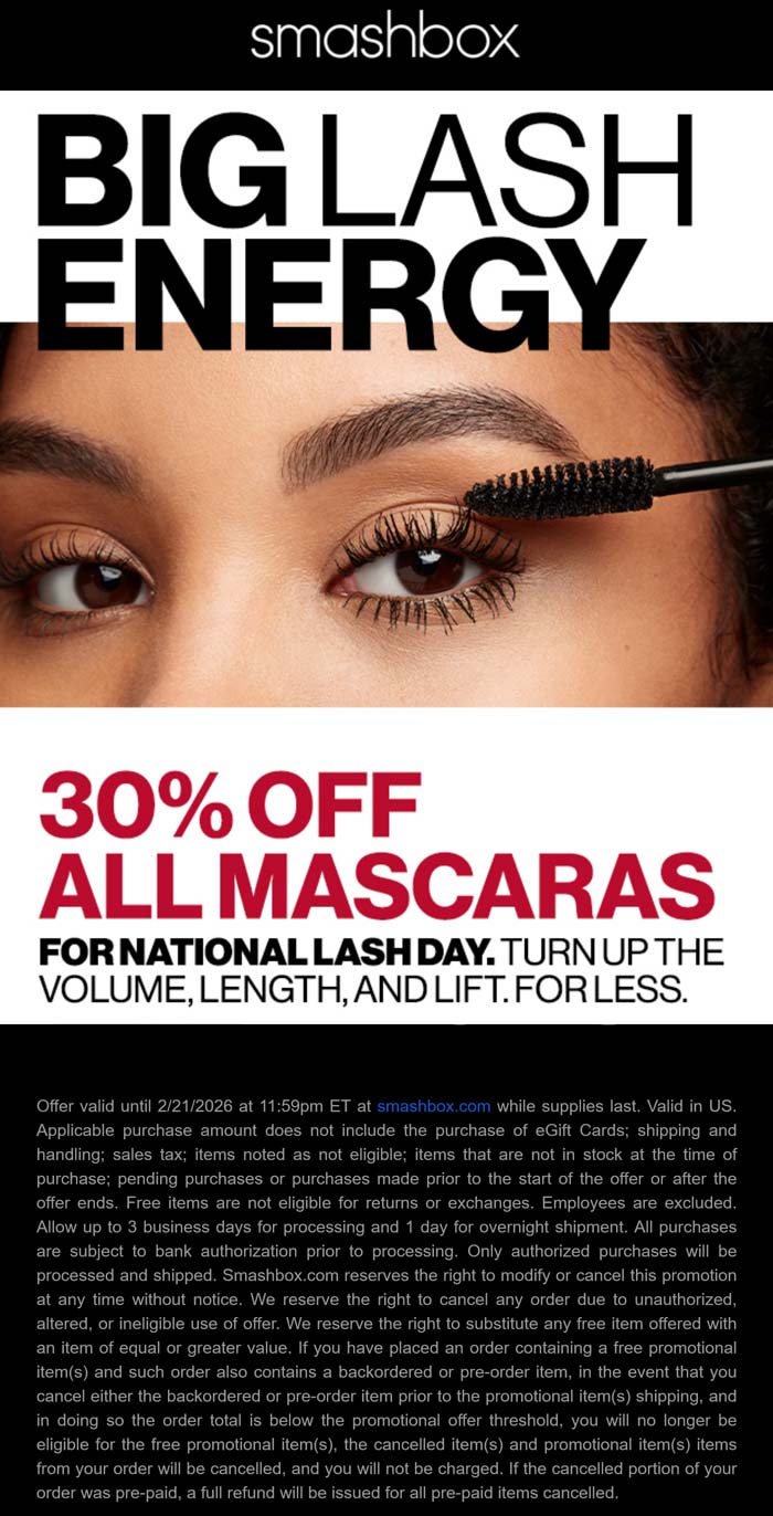 30% off all mascaras at Smashbox cosmetics