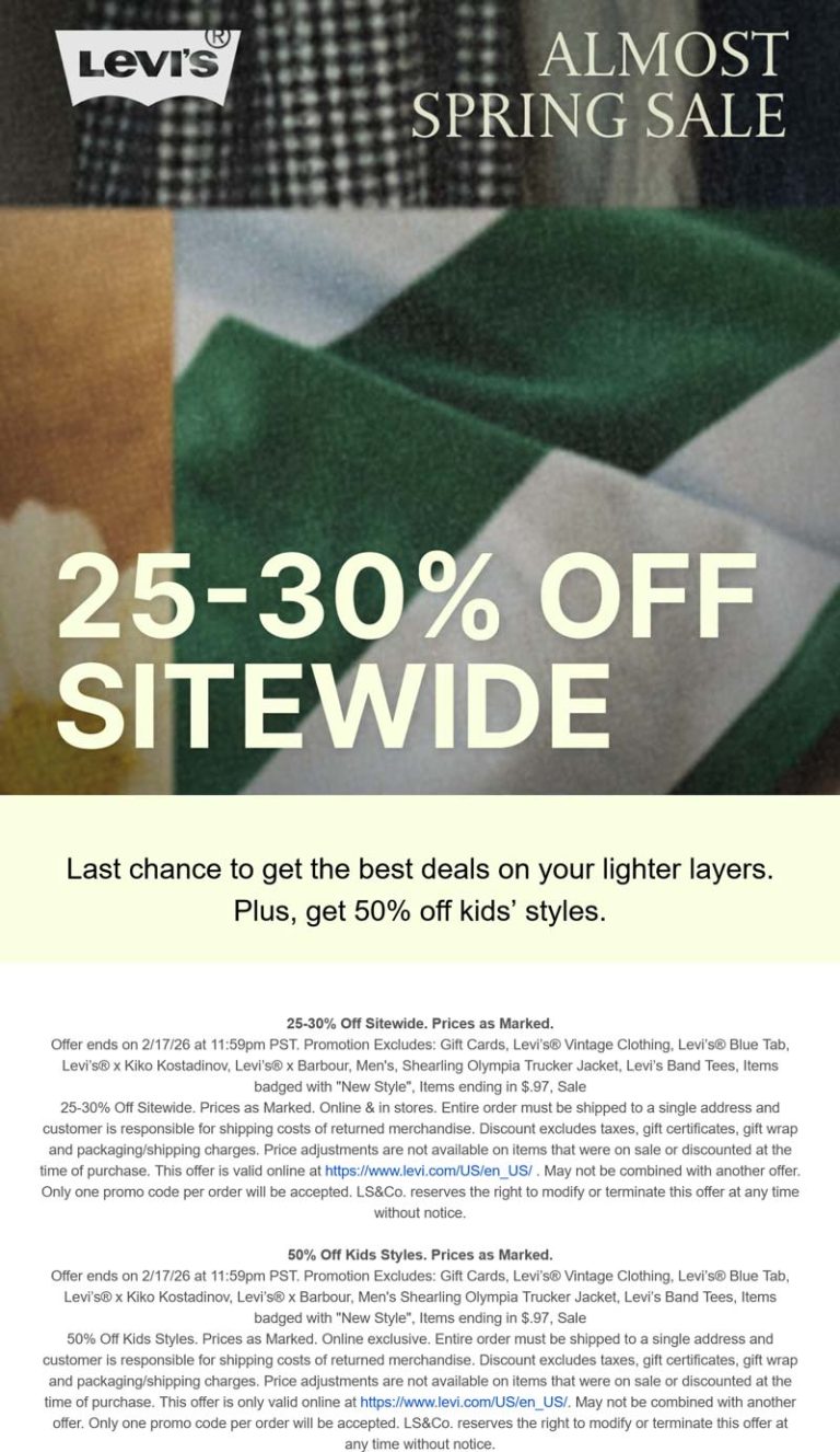 25-30% off everything online today at Levis