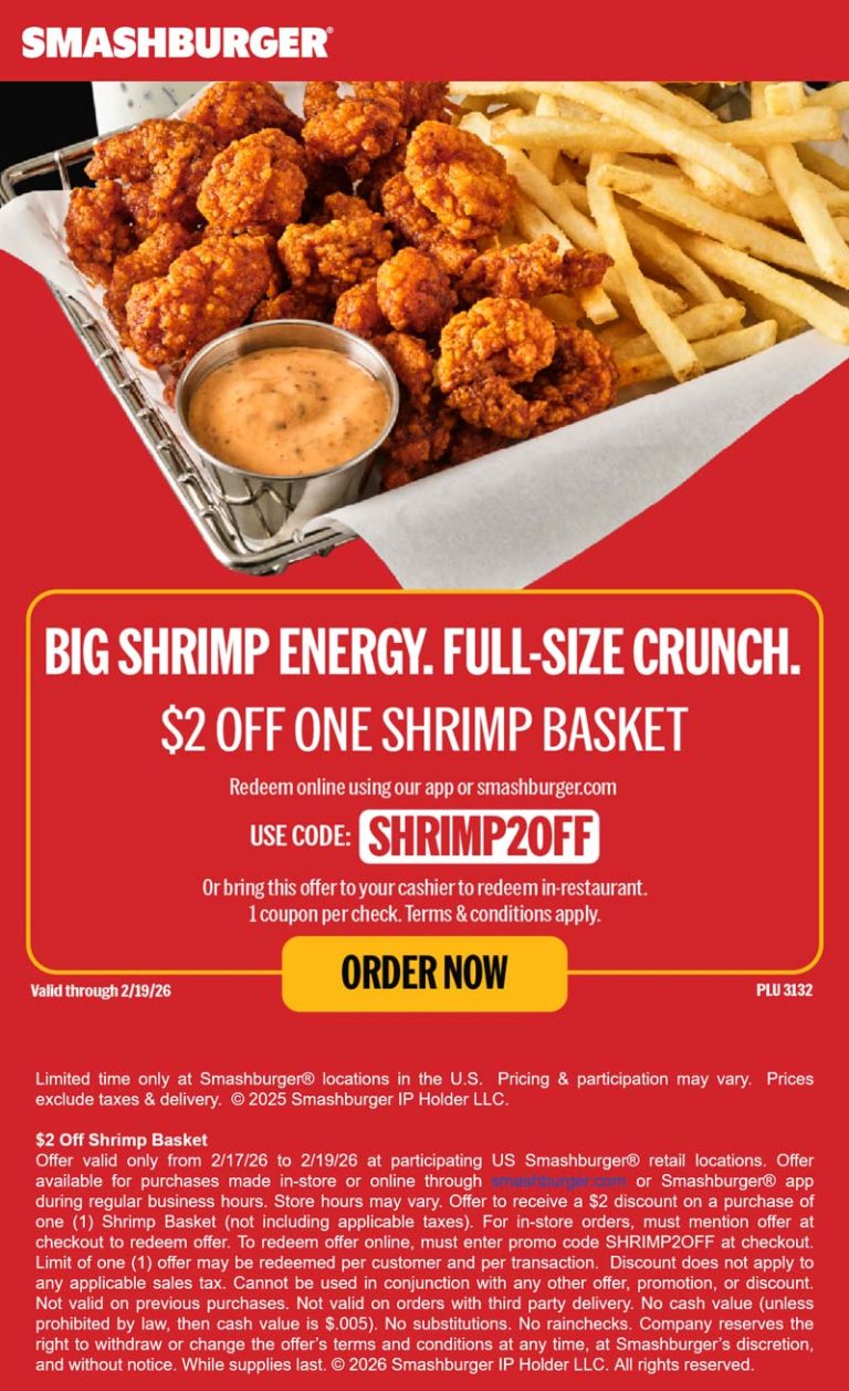 $2 off a shrimp basket at Smashburger restaurants via promo code SHRIMP2OFF