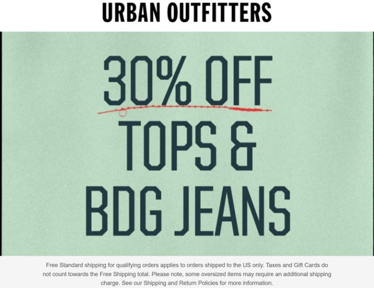 30% off tops and BDG Jeans at Urban Outfitters