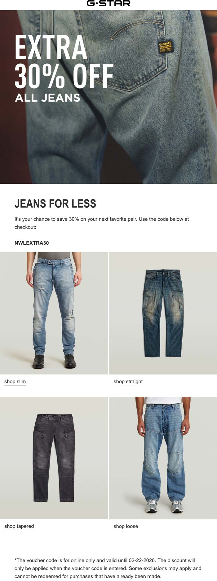 Extra 30% off all jeans at G-Star via promo code NWLEXTRA30