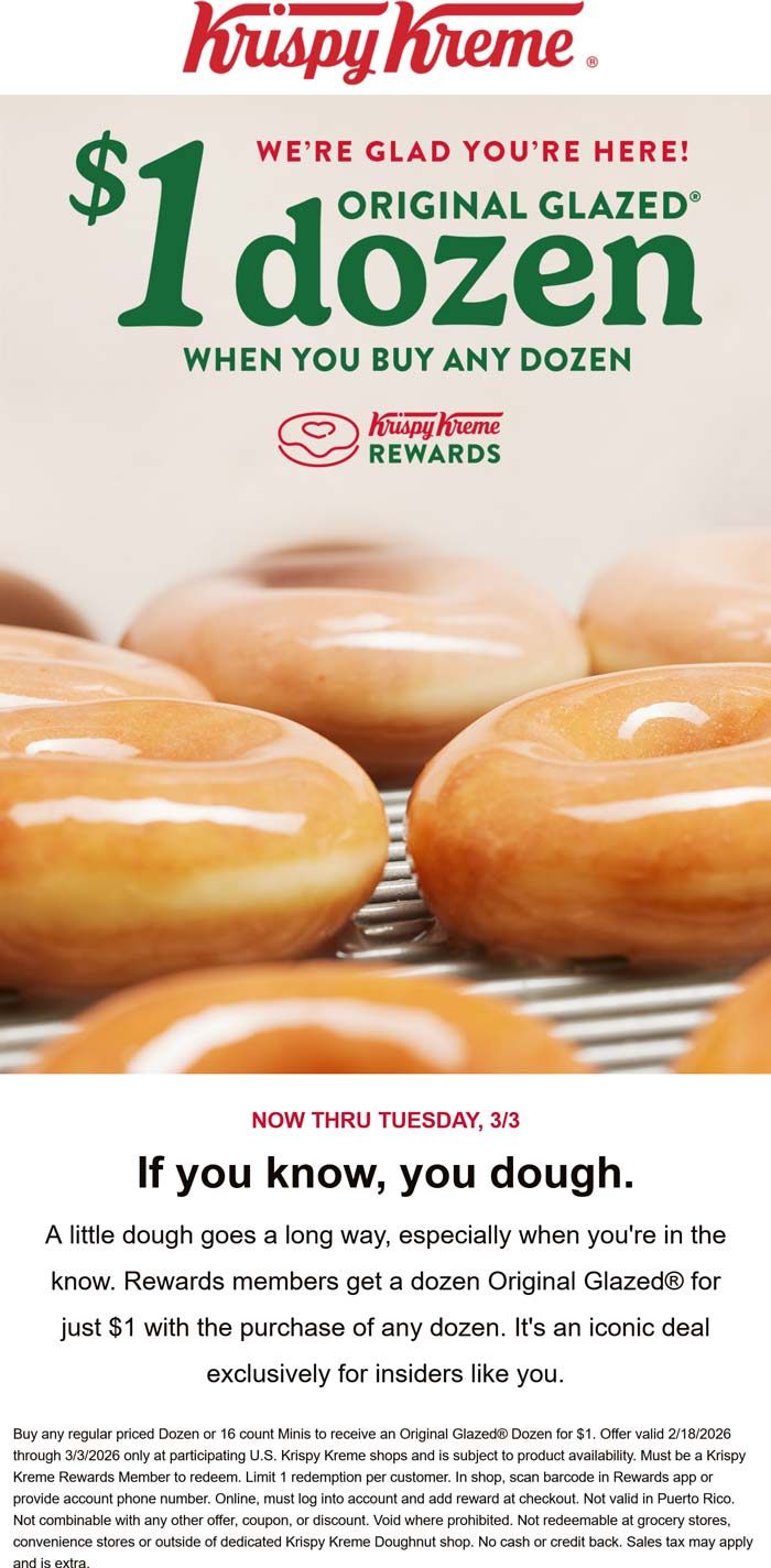 Second dozen for $1 via login at Krispy Kreme doughnuts