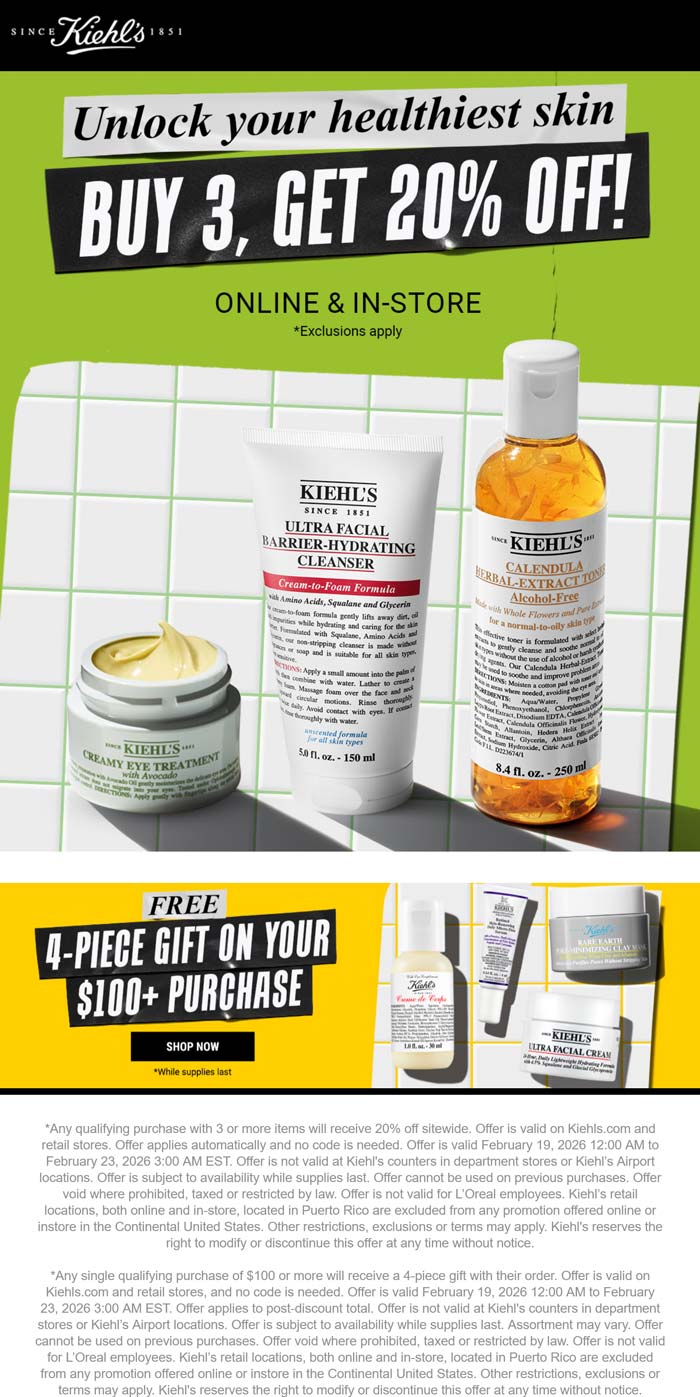 20% off 3+ items & free 4-piece on $100 at Kiehls, ditto online