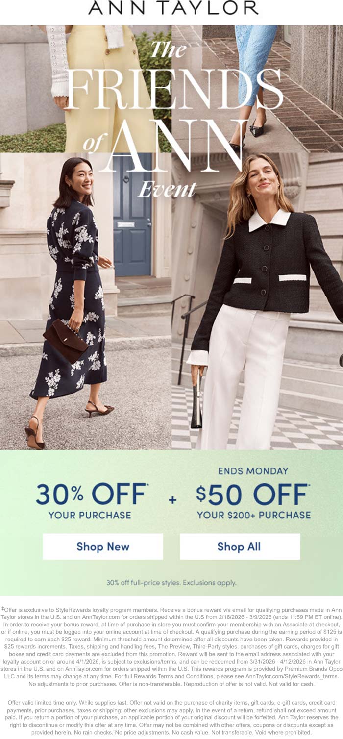 30% off + $50 off $200+ at Ann Taylor, ditto online