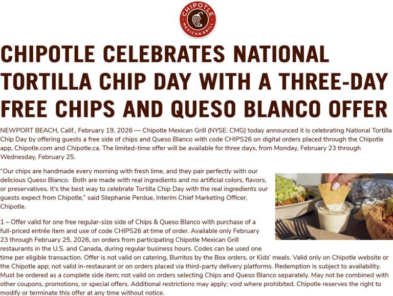 Free chips & queso at Chipotle via promo code CHIPS26